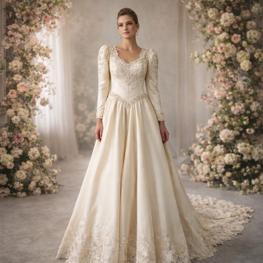 Vintage 1980s Victorian Wedding Dress Pearl Lace Satin Dramatic Train